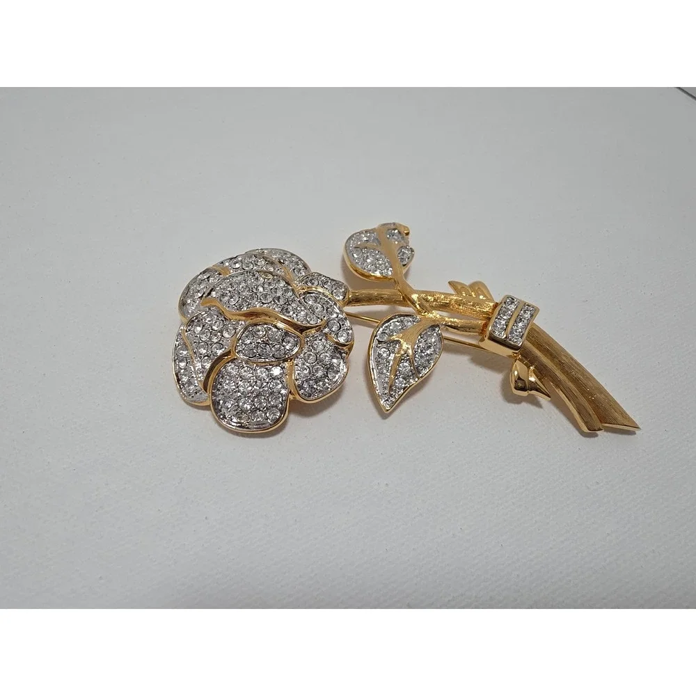 Vintage Nolan Miller Gold Tone Pave Crystal Rose Flower Brooch Pin